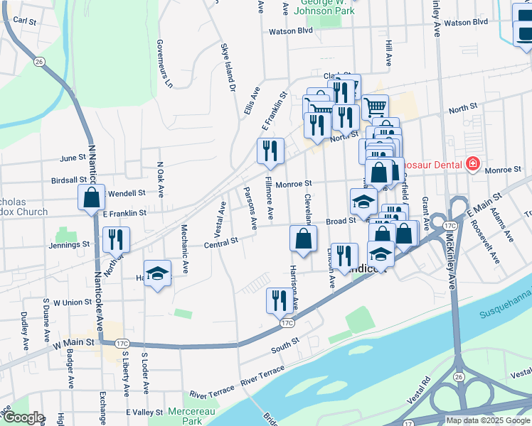 map of restaurants, bars, coffee shops, grocery stores, and more near 109-111 Parsons Avenue in Endicott