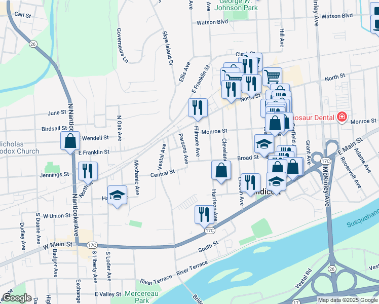 map of restaurants, bars, coffee shops, grocery stores, and more near 109-111 Parsons Avenue in Endicott