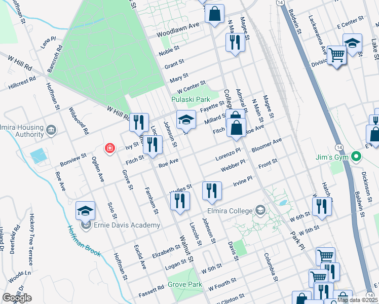 map of restaurants, bars, coffee shops, grocery stores, and more near 969 Davis Street in Elmira