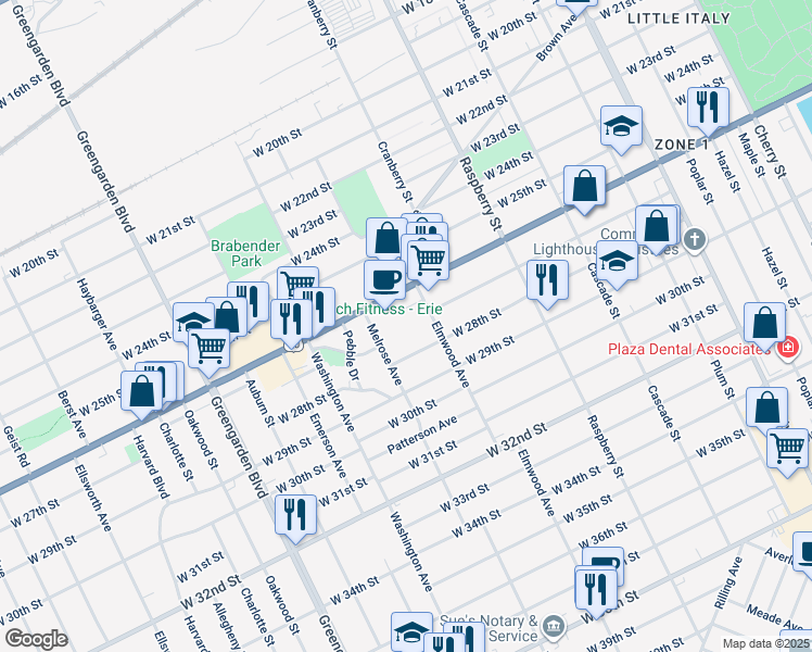 map of restaurants, bars, coffee shops, grocery stores, and more near 1322 West 28th Street in Erie