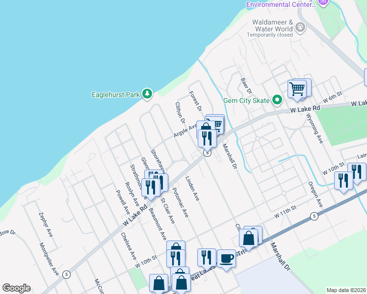 map of restaurants, bars, coffee shops, grocery stores, and more near 445 Beachgrove Drive in Erie