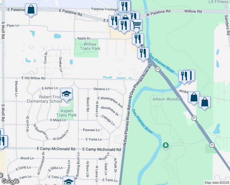 map of restaurants, bars, coffee shops, grocery stores, and more near 2014 East Wintergreen Avenue in Mount Prospect