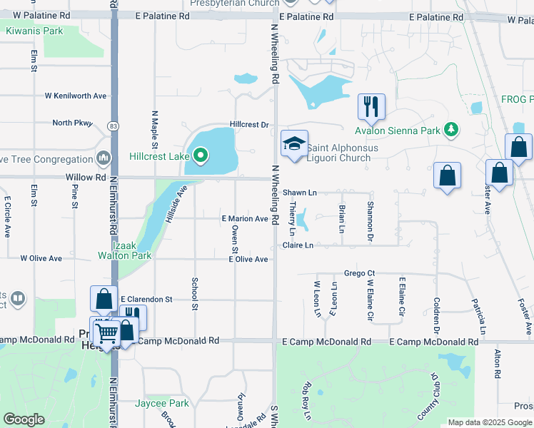 map of restaurants, bars, coffee shops, grocery stores, and more near 300 North Wheeling Road in Prospect Heights