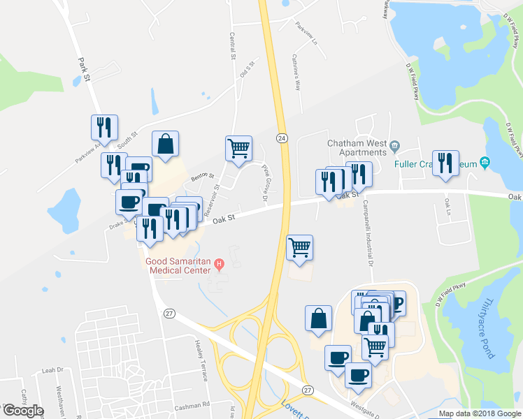 map of restaurants, bars, coffee shops, grocery stores, and more near 809 Oak Street in Brockton