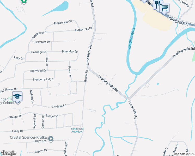 map of restaurants, bars, coffee shops, grocery stores, and more near 363 Little River Road in Westfield