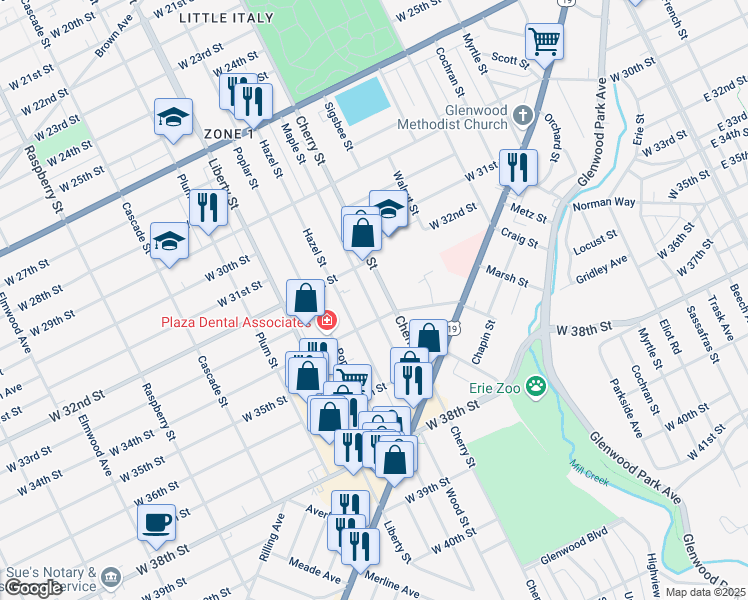 map of restaurants, bars, coffee shops, grocery stores, and more near 3309 Maple Street in Erie