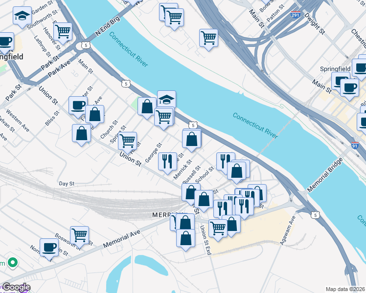 map of restaurants, bars, coffee shops, grocery stores, and more near 22 Sprague Street in West Springfield