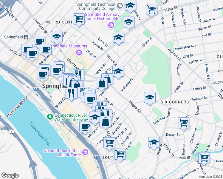 map of restaurants, bars, coffee shops, grocery stores, and more near 110 Maple Street in Springfield