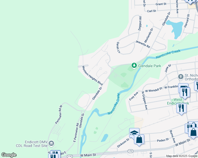 map of restaurants, bars, coffee shops, grocery stores, and more near 4 Cove Avenue in Endicott