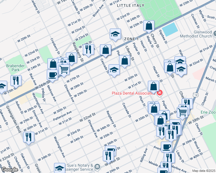 map of restaurants, bars, coffee shops, grocery stores, and more near 1026 West 30th Street in Erie