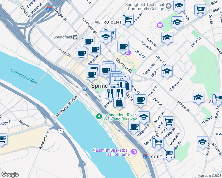 map of restaurants, bars, coffee shops, grocery stores, and more near 50 Elm Street in Springfield