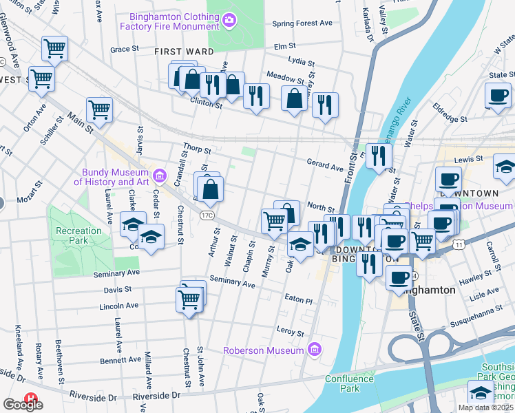 map of restaurants, bars, coffee shops, grocery stores, and more near 157 Chapin Street in Binghamton