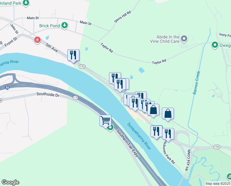 map of restaurants, bars, coffee shops, grocery stores, and more near 770 New York 17C in Owego
