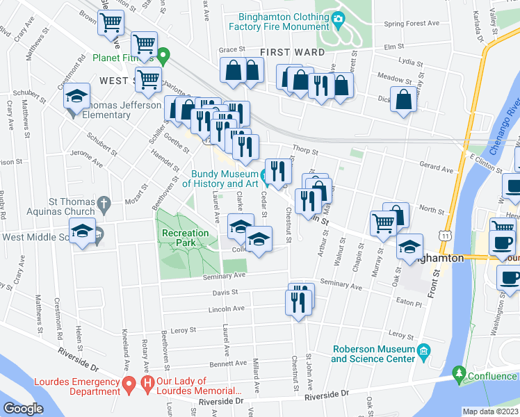 map of restaurants, bars, coffee shops, grocery stores, and more near 31 Cedar Street in Binghamton