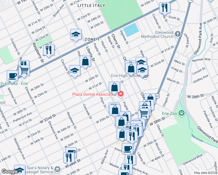map of restaurants, bars, coffee shops, grocery stores, and more near in Erie