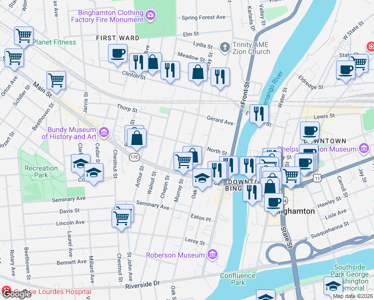 map of restaurants, bars, coffee shops, grocery stores, and more near 123 Murray Street in Binghamton