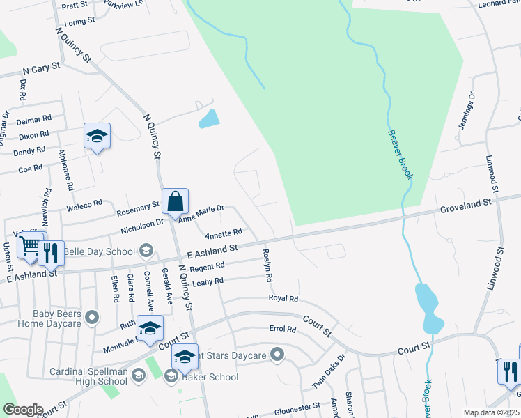 map of restaurants, bars, coffee shops, grocery stores, and more near 118 Anne Marie Drive in Brockton