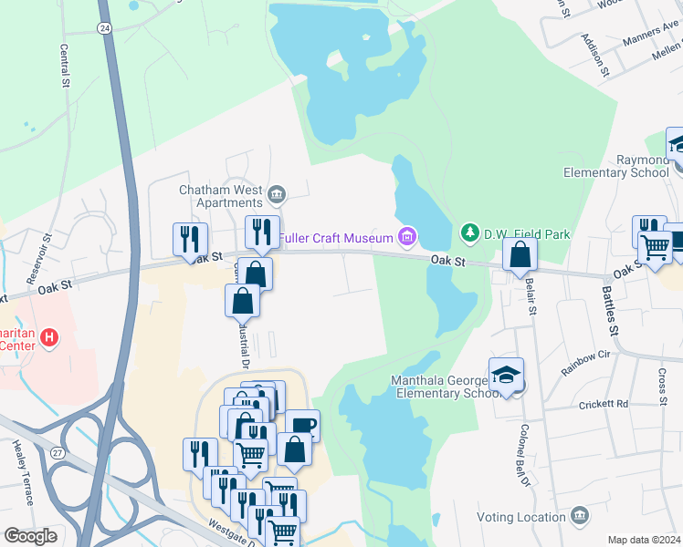 map of restaurants, bars, coffee shops, grocery stores, and more near 104 Oak Lane in Brockton