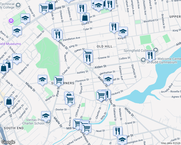 map of restaurants, bars, coffee shops, grocery stores, and more near 311 Hancock Street in Springfield