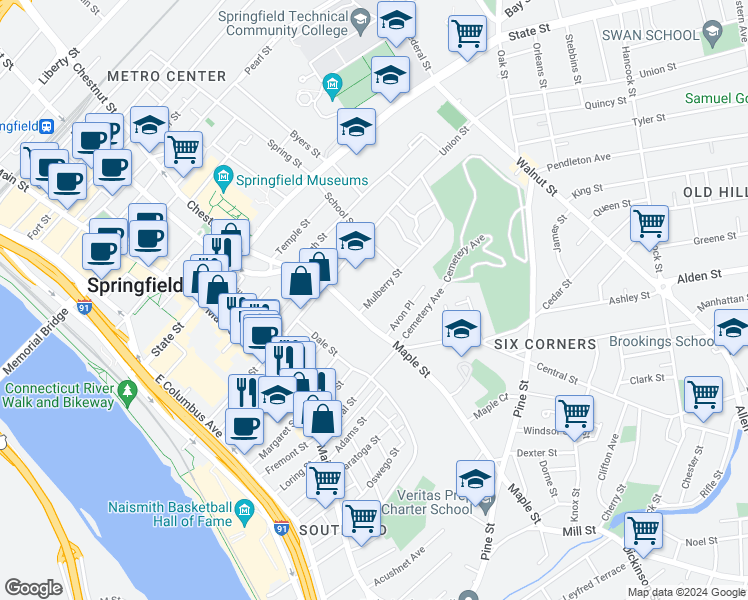 map of restaurants, bars, coffee shops, grocery stores, and more near 155 Maple Street in Springfield