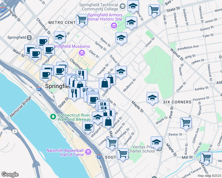 map of restaurants, bars, coffee shops, grocery stores, and more near 110 Maple Street in Springfield