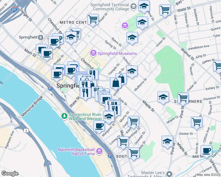 map of restaurants, bars, coffee shops, grocery stores, and more near 45 Willow Street in Springfield