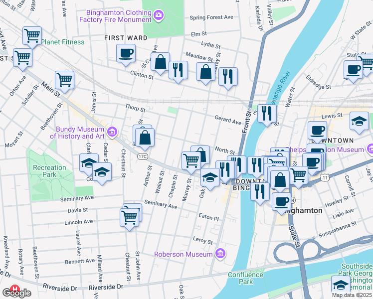 map of restaurants, bars, coffee shops, grocery stores, and more near 123 Murray Street in Binghamton