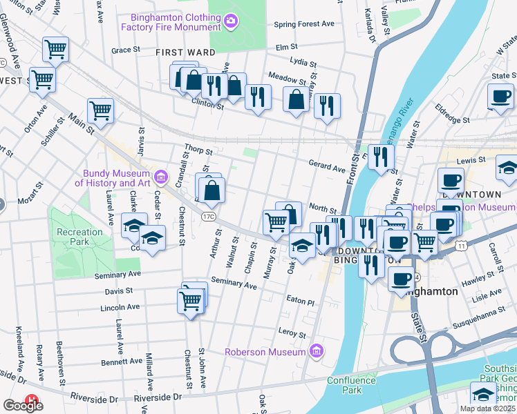 map of restaurants, bars, coffee shops, grocery stores, and more near 151 Chapin Street in Binghamton