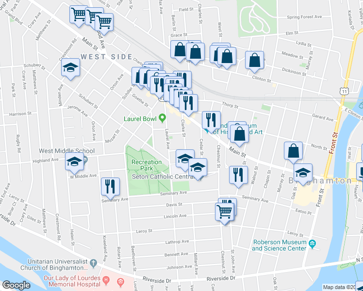 map of restaurants, bars, coffee shops, grocery stores, and more near 19 Clarke Street in Binghamton