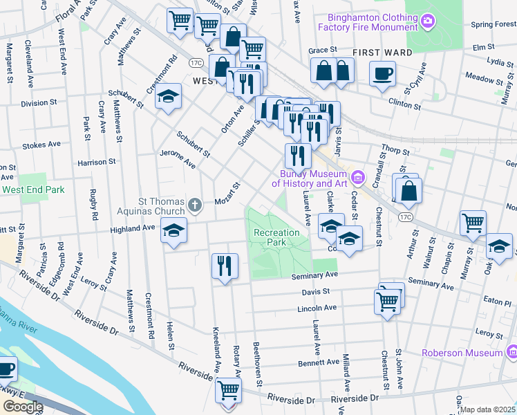 map of restaurants, bars, coffee shops, grocery stores, and more near 16 Haendel Street in Binghamton