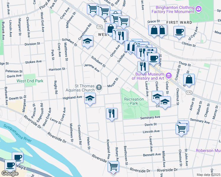 map of restaurants, bars, coffee shops, grocery stores, and more near 2 Highland Avenue in Binghamton
