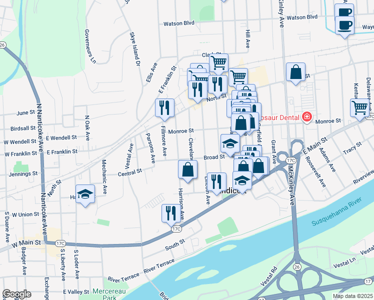 map of restaurants, bars, coffee shops, grocery stores, and more near 811 Broad Street in Endicott