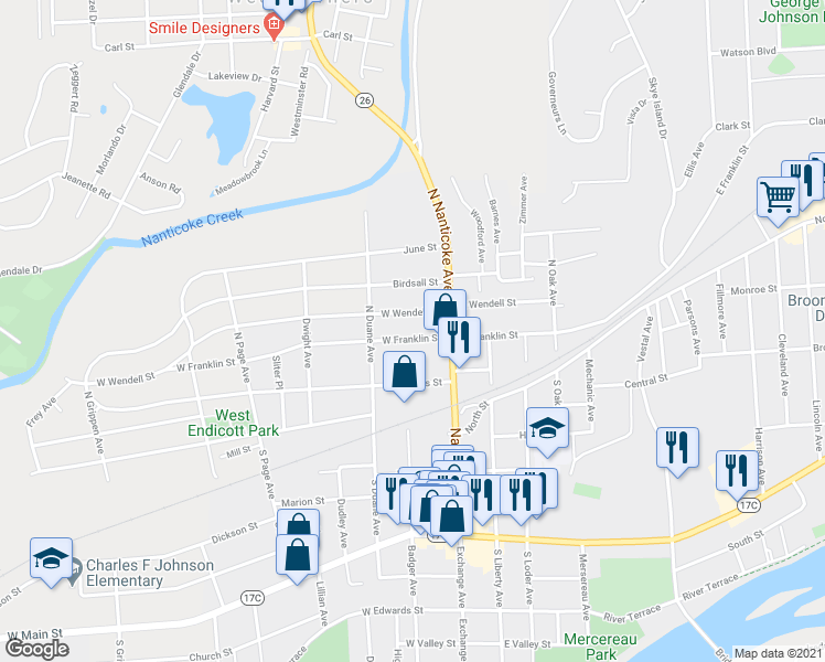 map of restaurants, bars, coffee shops, grocery stores, and more near 113 West Franklin Street in Endicott