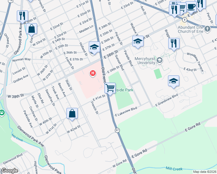 map of restaurants, bars, coffee shops, grocery stores, and more near 4054-4098 Old French Road in Erie