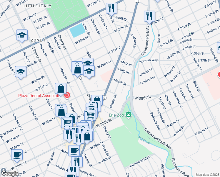 map of restaurants, bars, coffee shops, grocery stores, and more near 531-555 Richley St in Erie