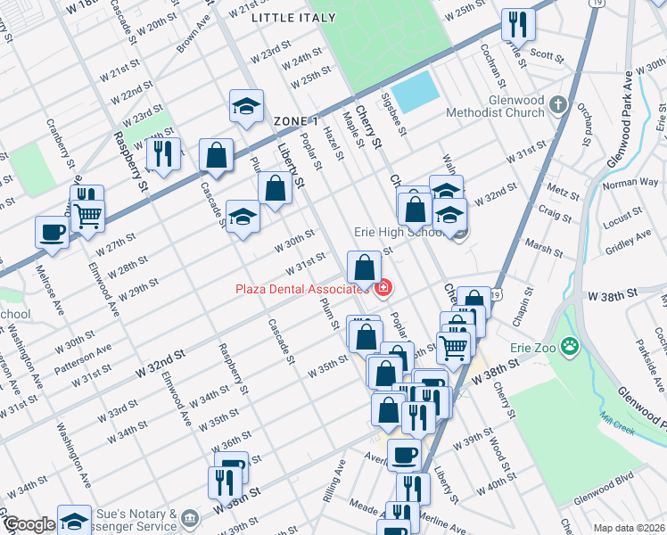 map of restaurants, bars, coffee shops, grocery stores, and more near 817 West 32nd Street in Erie