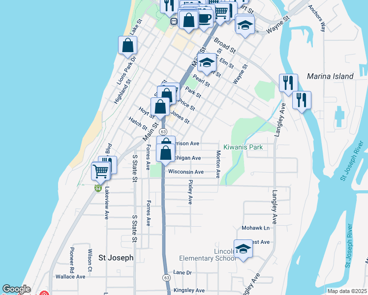 map of restaurants, bars, coffee shops, grocery stores, and more near 821 Michigan Avenue in St. Joseph