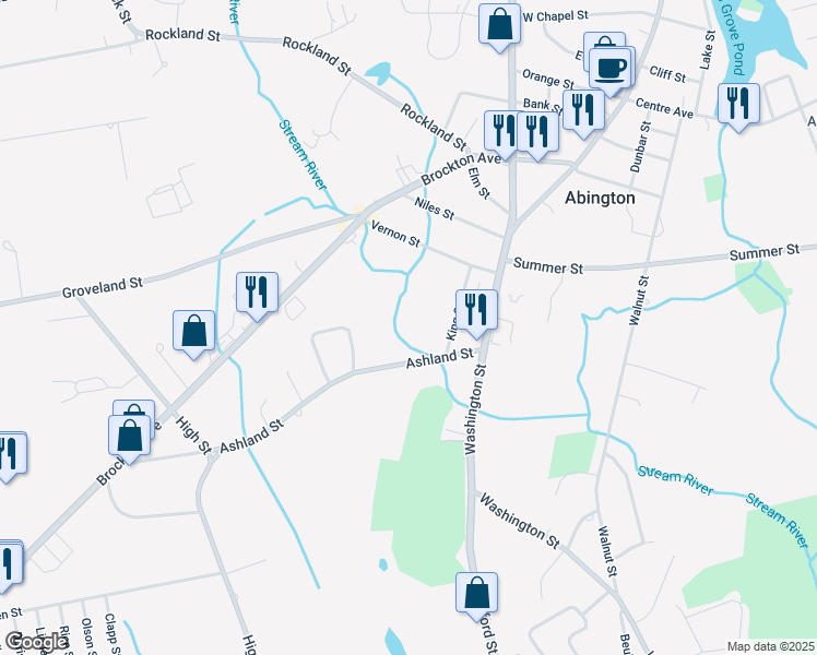 map of restaurants, bars, coffee shops, grocery stores, and more near 75 Ashland Street in Abington