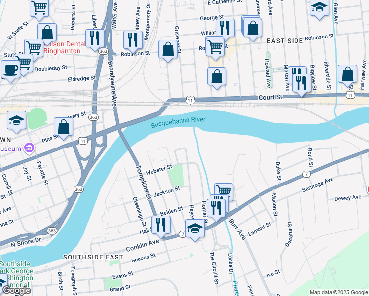 map of restaurants, bars, coffee shops, grocery stores, and more near 8 Webster Court in Binghamton