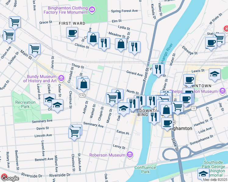 map of restaurants, bars, coffee shops, grocery stores, and more near 129 Murray Street in Binghamton