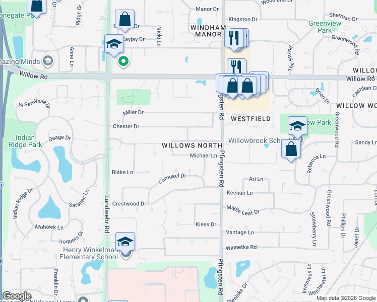 map of restaurants, bars, coffee shops, grocery stores, and more near 3913 Michael Lane in Glenview