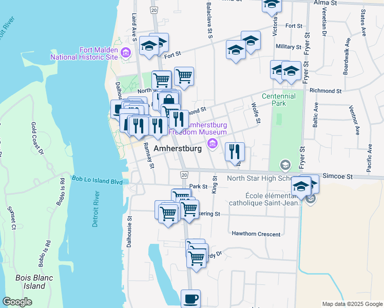 map of restaurants, bars, coffee shops, grocery stores, and more near 282 Seymour Street in Amherstburg