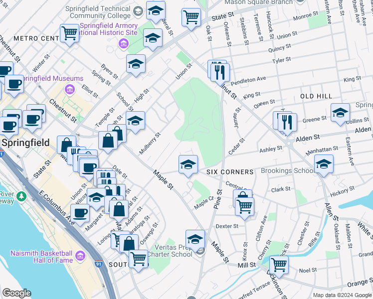 map of restaurants, bars, coffee shops, grocery stores, and more near 50 Madison Avenue in Springfield