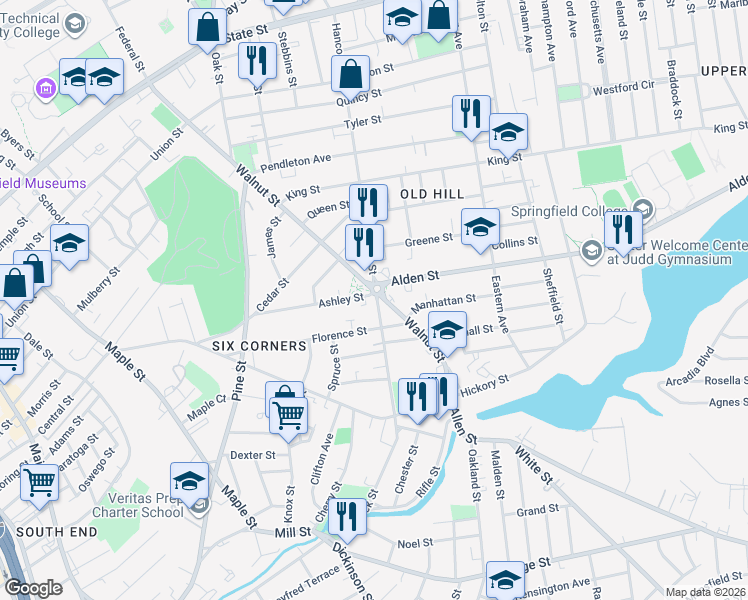 map of restaurants, bars, coffee shops, grocery stores, and more near 311 Hancock Street in Springfield