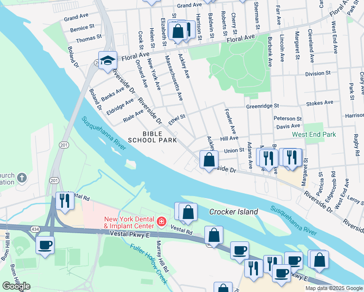 map of restaurants, bars, coffee shops, grocery stores, and more near 320 Riverside Drive in Johnson City