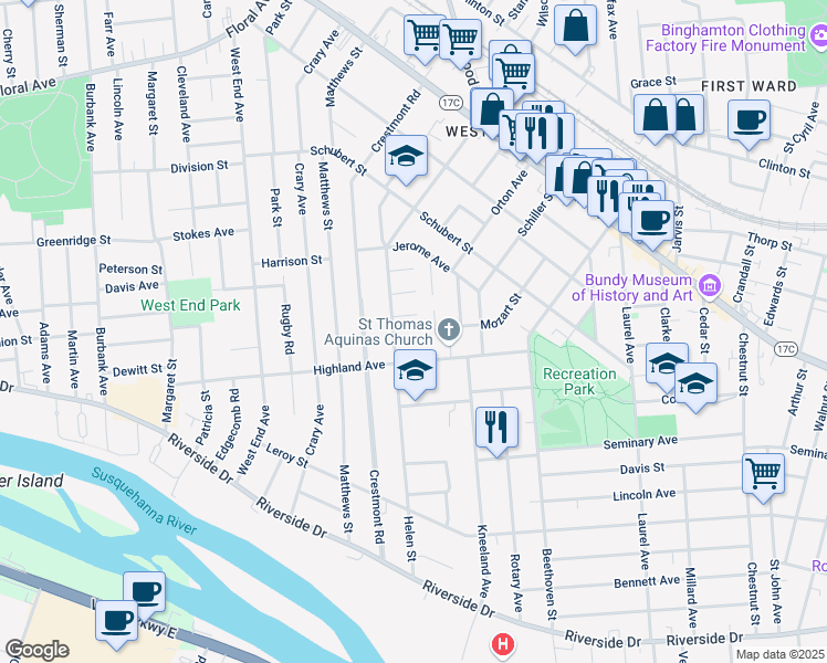 map of restaurants, bars, coffee shops, grocery stores, and more near 4 Taylor Place in Binghamton