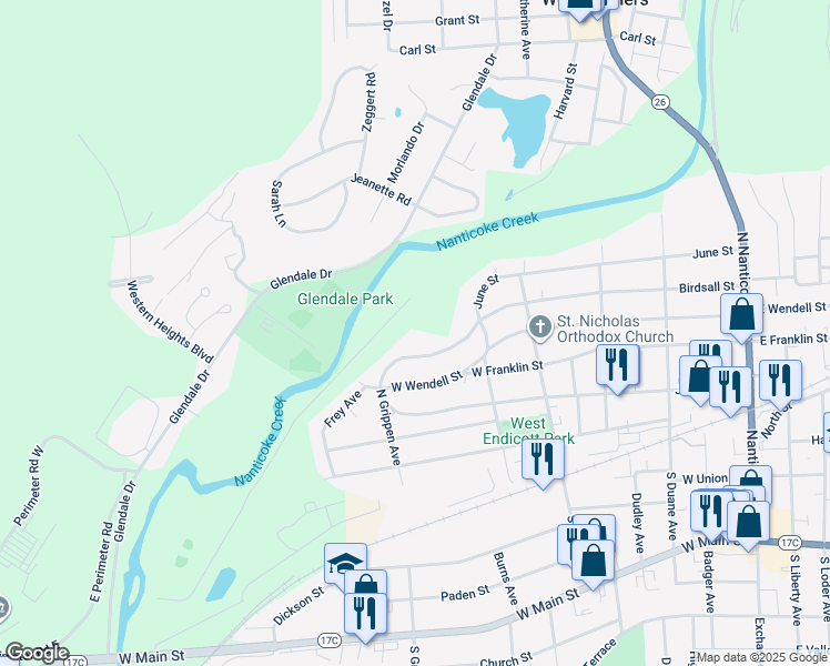 map of restaurants, bars, coffee shops, grocery stores, and more near 625 June Street in Endicott