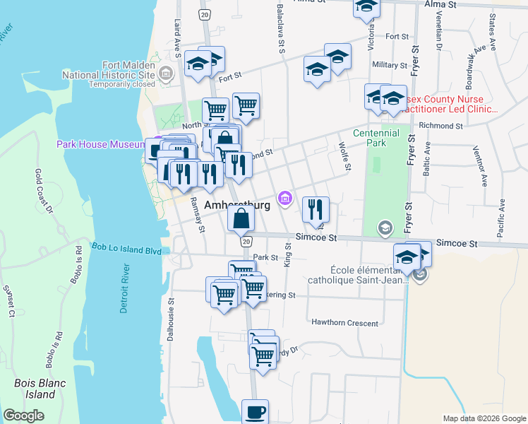 map of restaurants, bars, coffee shops, grocery stores, and more near 285 Seymour Street in Amherstburg