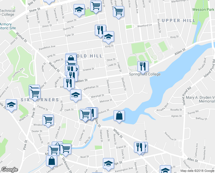 map of restaurants, bars, coffee shops, grocery stores, and more near 340 Eastern Avenue in Springfield