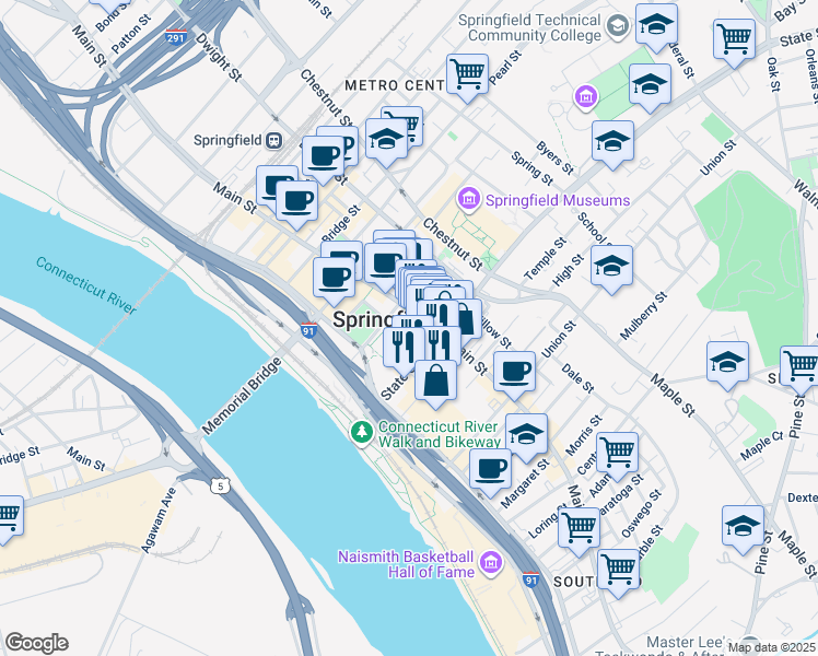 map of restaurants, bars, coffee shops, grocery stores, and more near Elm Street in Springfield